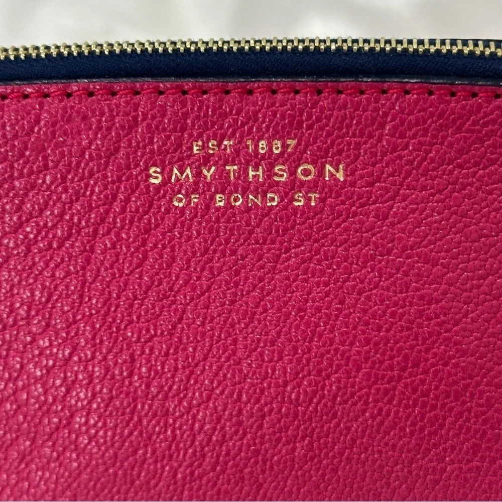Smythson Of Bond St Cosmetic Case Panama Leather Fuschia Pink Gold Travel Chic